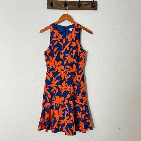 J. CREW Blue and Orange Floral Flare Dress - Picture 2 of 9